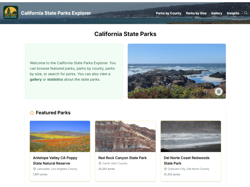 California State Parks Explorer website